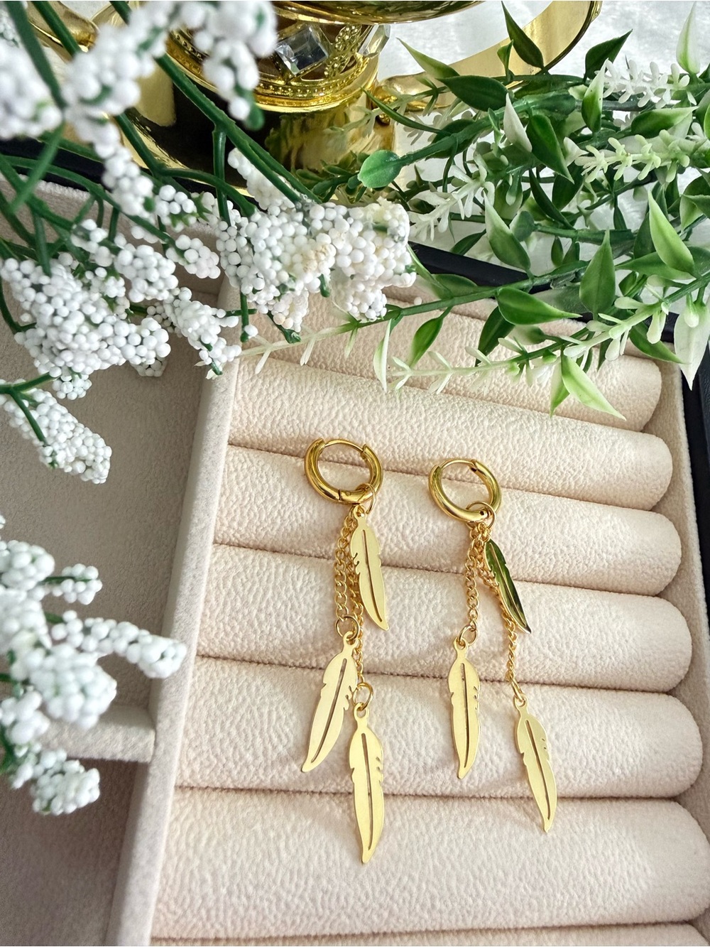 Gold Feather Dangle Hoop Earrings 18k gold plated stainless steel charm earrings